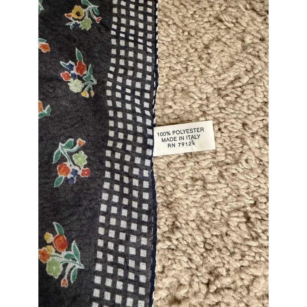 Vintage 90s Echo Ditsy Floral Navy Scarf Made in Italy Gingham Border 21x19